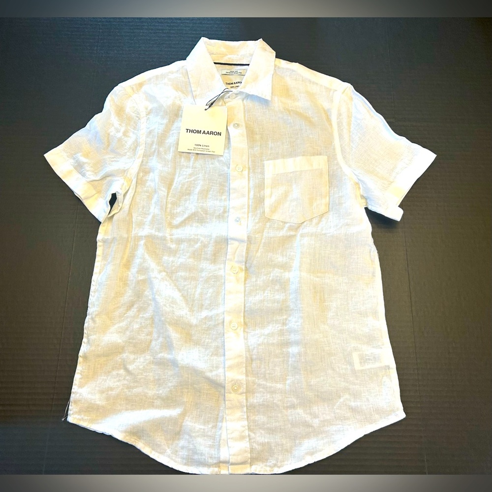 Thom Aaron Men’s 100% Linen Button‑Down Shirt Size Small White Resorts NWT READ